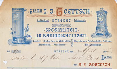 711123 Kop van een nota van de Firma J..J. Goettsch, Specialiteit in Badinrichtingen, Aanleg Gas- en Waterleiding, ...